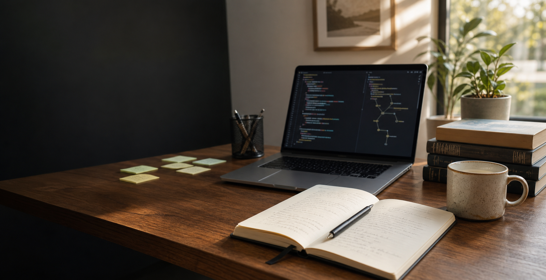 A writing desk with a laptop, notebook, books, and planning notes